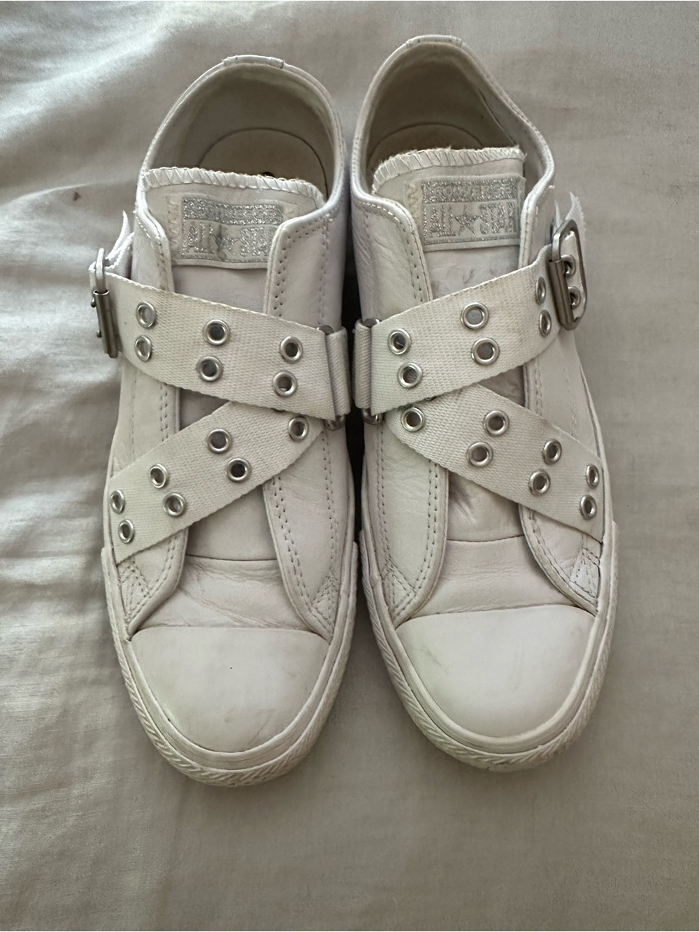White Women's Converse Leather Sneakers with Buckle Straps Size 9